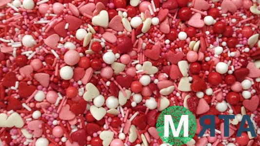 Цукрове посипання Мікс з глянсовими кульками №1. Червоно-біло-рожеві серця