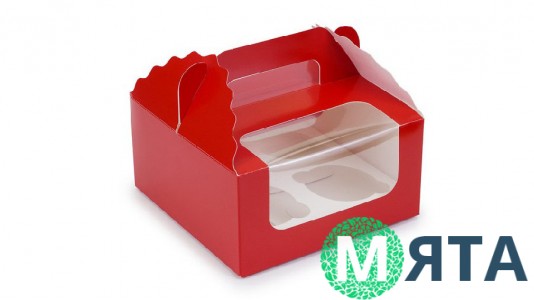 Коробка 4 капкейки з ручкою, Червона
