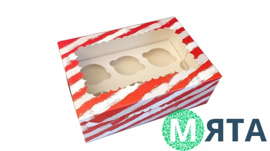 Коробка з віконцем для 6 капкейків, Червона Смужка